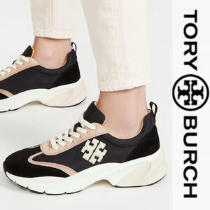 Tory Burch Good Luck Trainer Black/ Cream/ Suede Shoes SZ 9.5 #83833